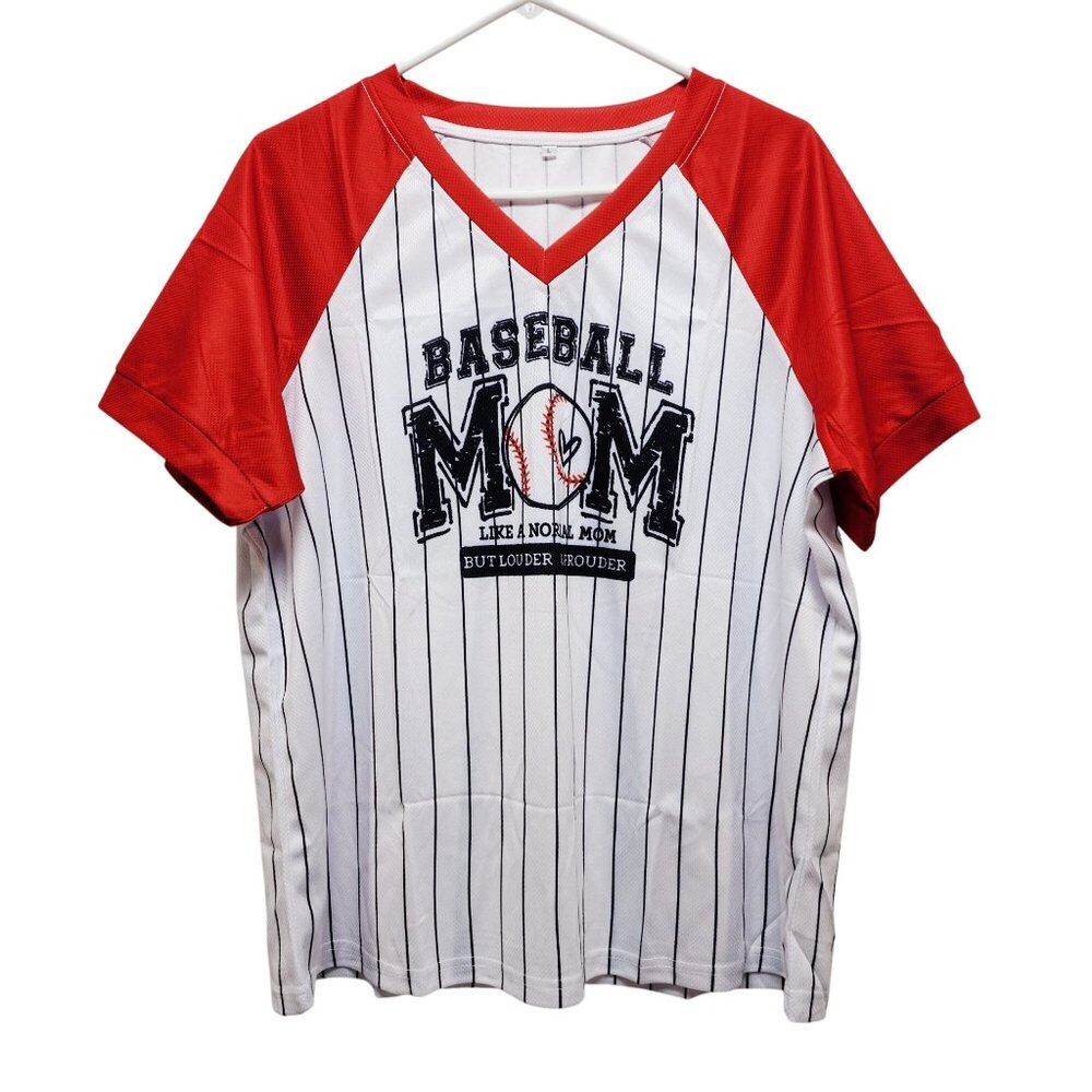 Baseball Mom Graphic V-Neck Shirt Red & White Striped Large